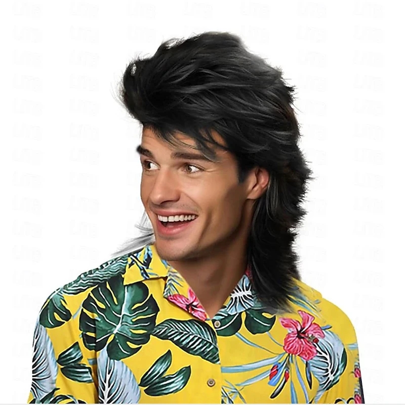 Men'S Accessories In The 80S - Mannen zwart synthetisch haar Mullet pruiken